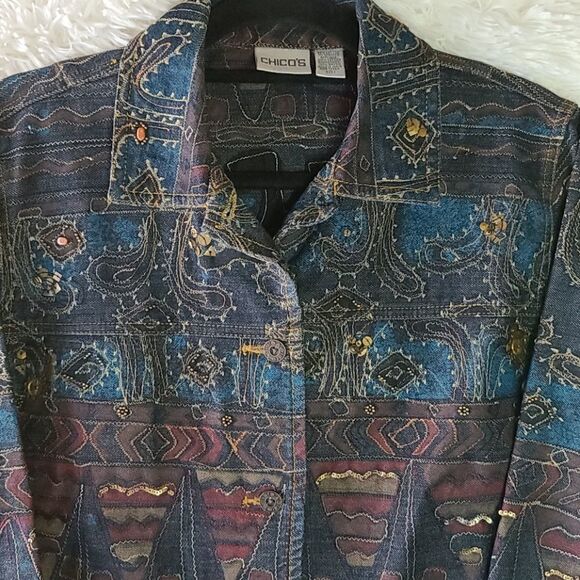 Chico's Embellished Jean Jacket Size 8 - Picture 2 of 6
